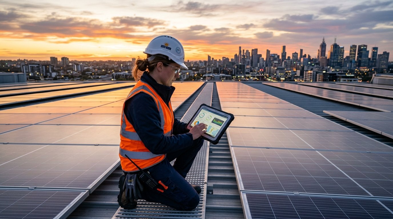 Solar energy engineer inspecting solar plant
